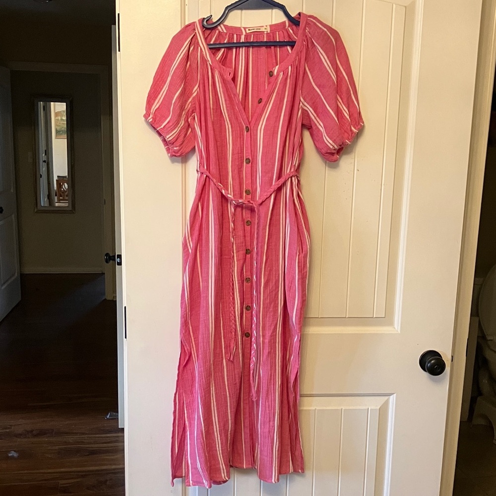 Pink white stripe cotton gauze midi maxi dress XS pockets removable belt